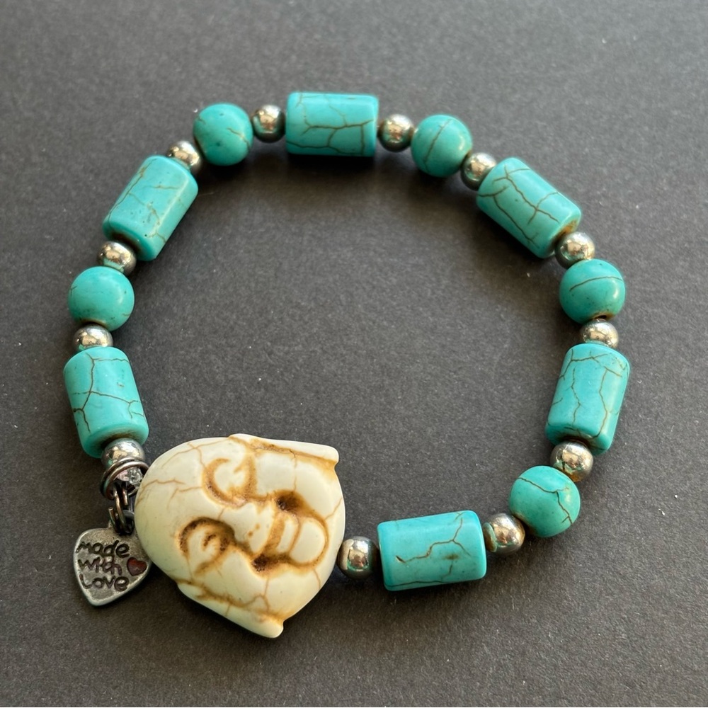 Howlite Buddha Charm Bracelet Turquoise Cream Beaded Handmade - Picture 4 of 5